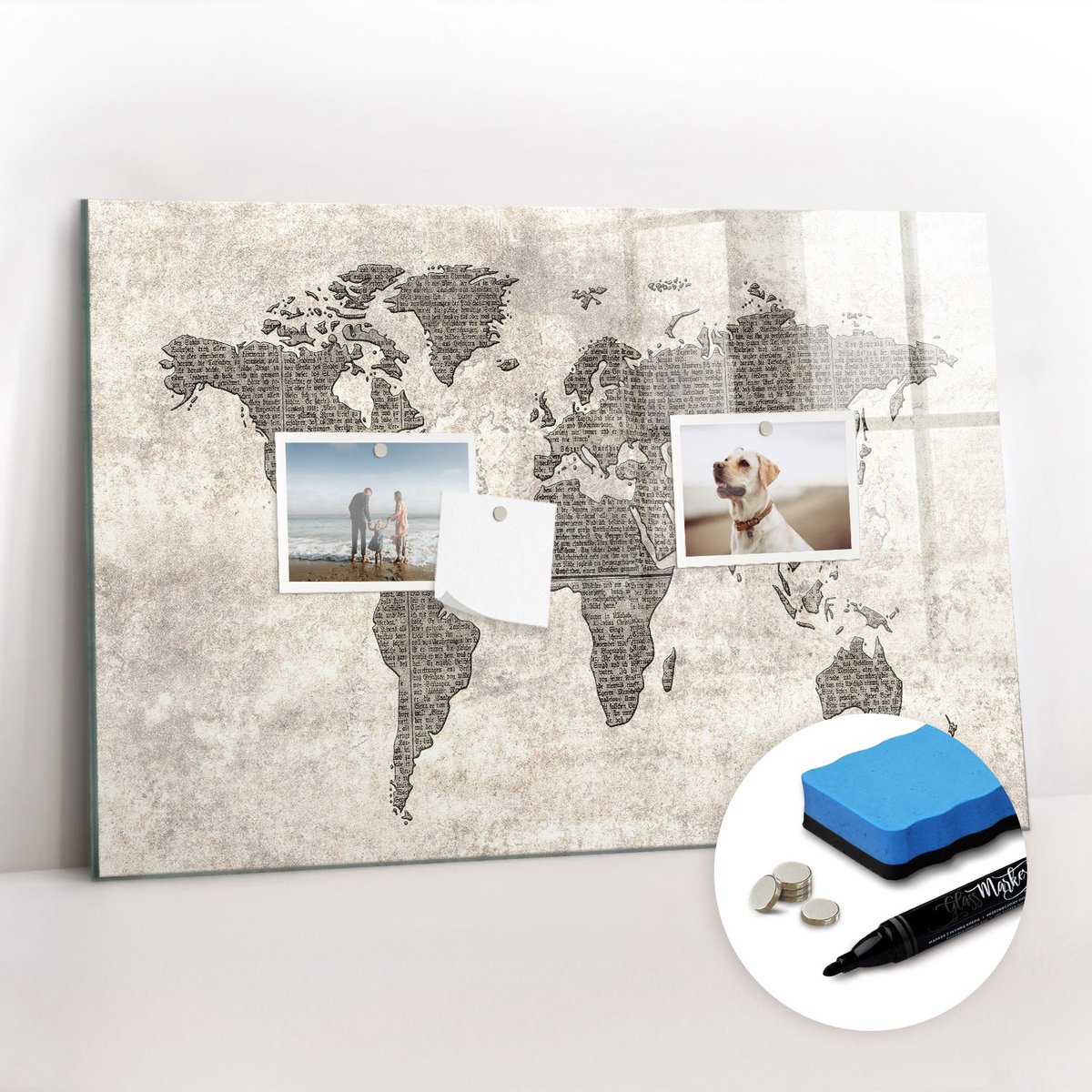 Tulup Whitebord - Wereldkaart in kranten - 60 x 40 cm - Beige Memobord Magnetisch - Gratis 5 Sterke Magneten + Whiteboard Marker & Wisser - Minimalistisch Prikbord - Memobord Magnetisch - Planning Muur