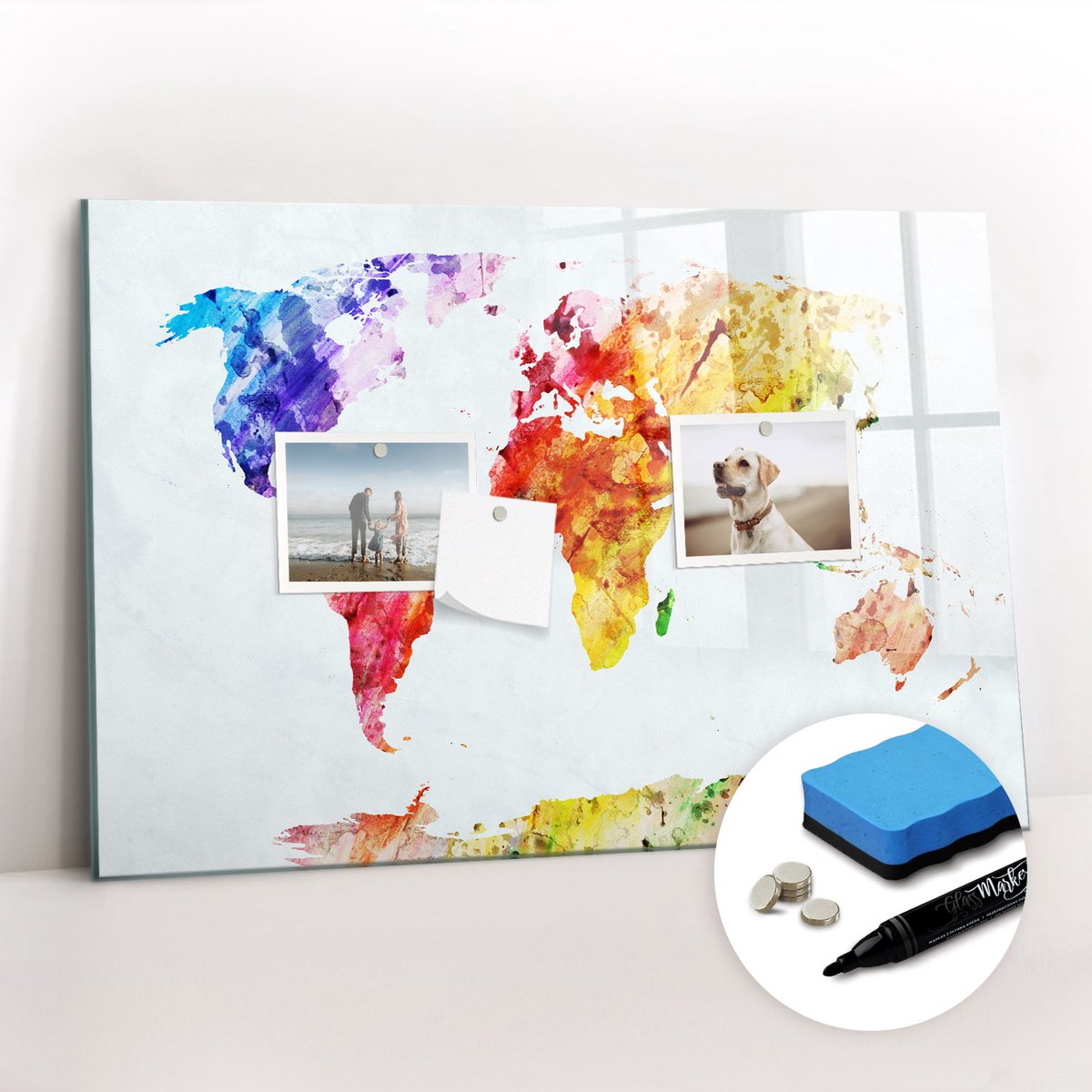 Tulup Whitebord - Wereldkaart in aquarel - 60 x 40 cm - Veelkleurig Magneetbord Foto - Gratis 5 Sterke Magneten + Whiteboard Marker & Wisser - Scandinavisch Design Bord - Magneetbord Muur - Planning Muur