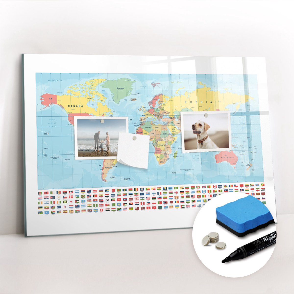 Tulup Whitebord - Wereldgeografie voor school - 60 x 40 cm - Veelkleurig Magnetisch Memobord - Gratis 5 Sterke Magneten + Whiteboard Marker & Wisser - Wanddecoratie Kantoor - Magneetbord Foto - Ideeënbord Thuiswerkplek