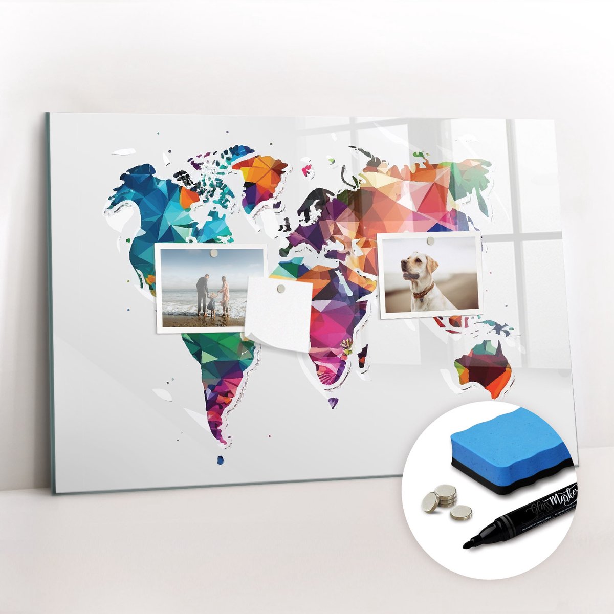Tulup Whitebord - Wereldkaart van de Driehoek - 60 x 40 cm - Veelkleurig Memobord Keuken - Gratis 5 Sterke Magneten + Whiteboard Marker & Wisser - Industrieel Wandbord - Magnet Board - Ideeënbord Thuiswerkplek