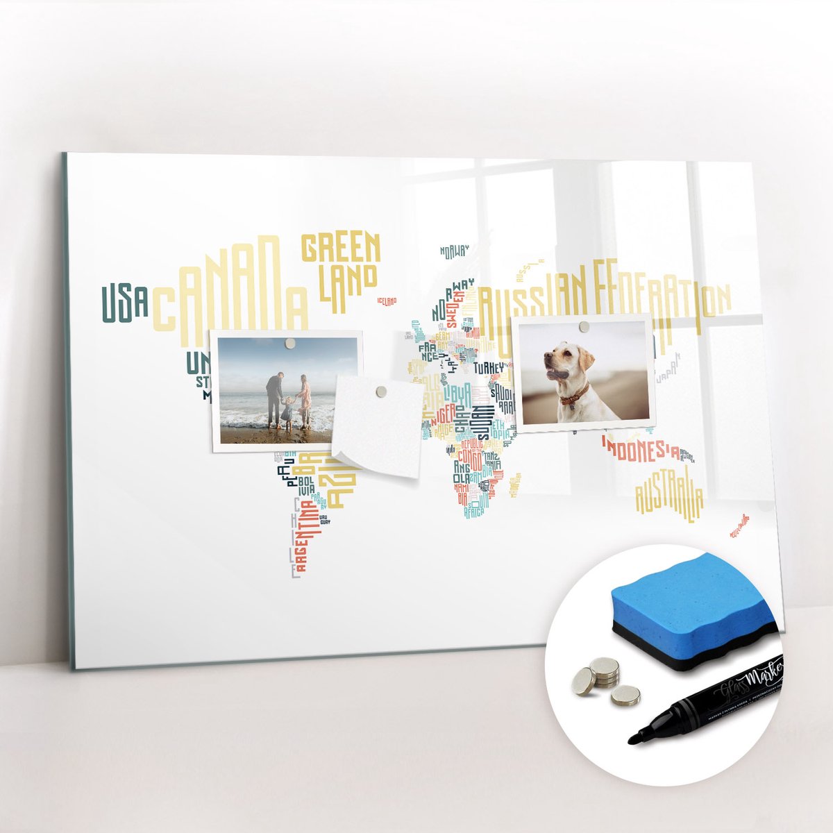 Tulup Whitebord - Namen van landen - 60 x 40 cm - Veelkleurig Memo Bord - Gratis 5 Sterke Magneten + Whiteboard Marker & Wisser - Interieur Accessoires Kantoor - Magnetisch Memobord - Productiviteit Tools