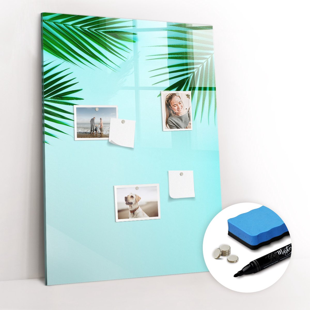 Tulup Whitebord - Palmbladeren - 70 x 100 cm - Blauw Memobord Magnetisch - Gratis 5 Sterke Magneten + Whiteboard Marker & Wisser - Moderne Wanddecoratie - Magnetisch Memobord - Planning Muur