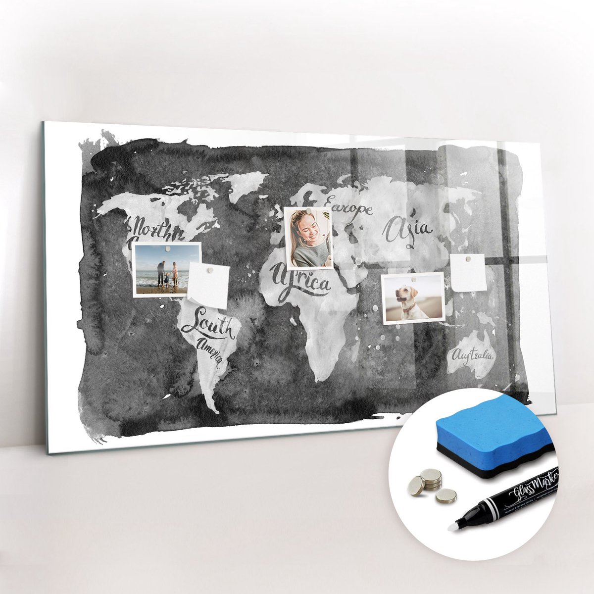 Tulup Whitebord - Retro wereldkaart - 120 x 60 cm - Grijs Magneetbord Rechthoekig - Gratis 5 Sterke Magneten + Whiteboard Marker & Wisser - Minimalistisch Prikbord - Memobord Magnetisch - Planning Muur
