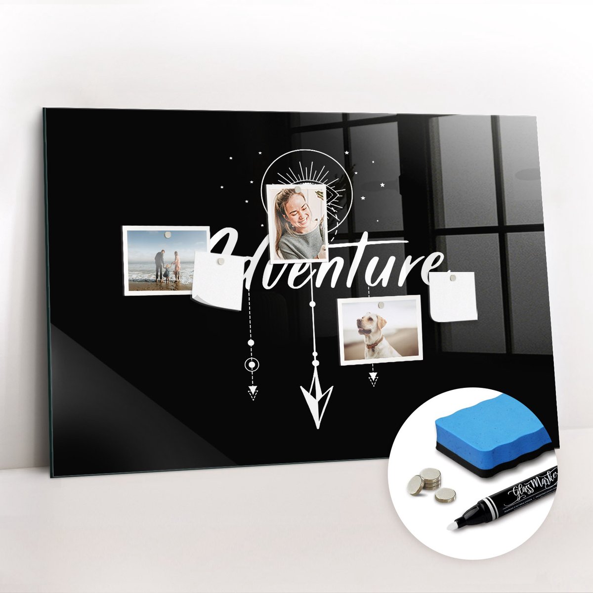Tulup Whitebord - Avontuurlijke reis - 90 x 60 cm - Zwart Magnet Board - Gratis 5 Sterke Magneten + Whiteboard Marker & Wisser - Wanddecoratie Kantoor - Magnetisch Wandbord - Ideeënbord Thuiswerkplek