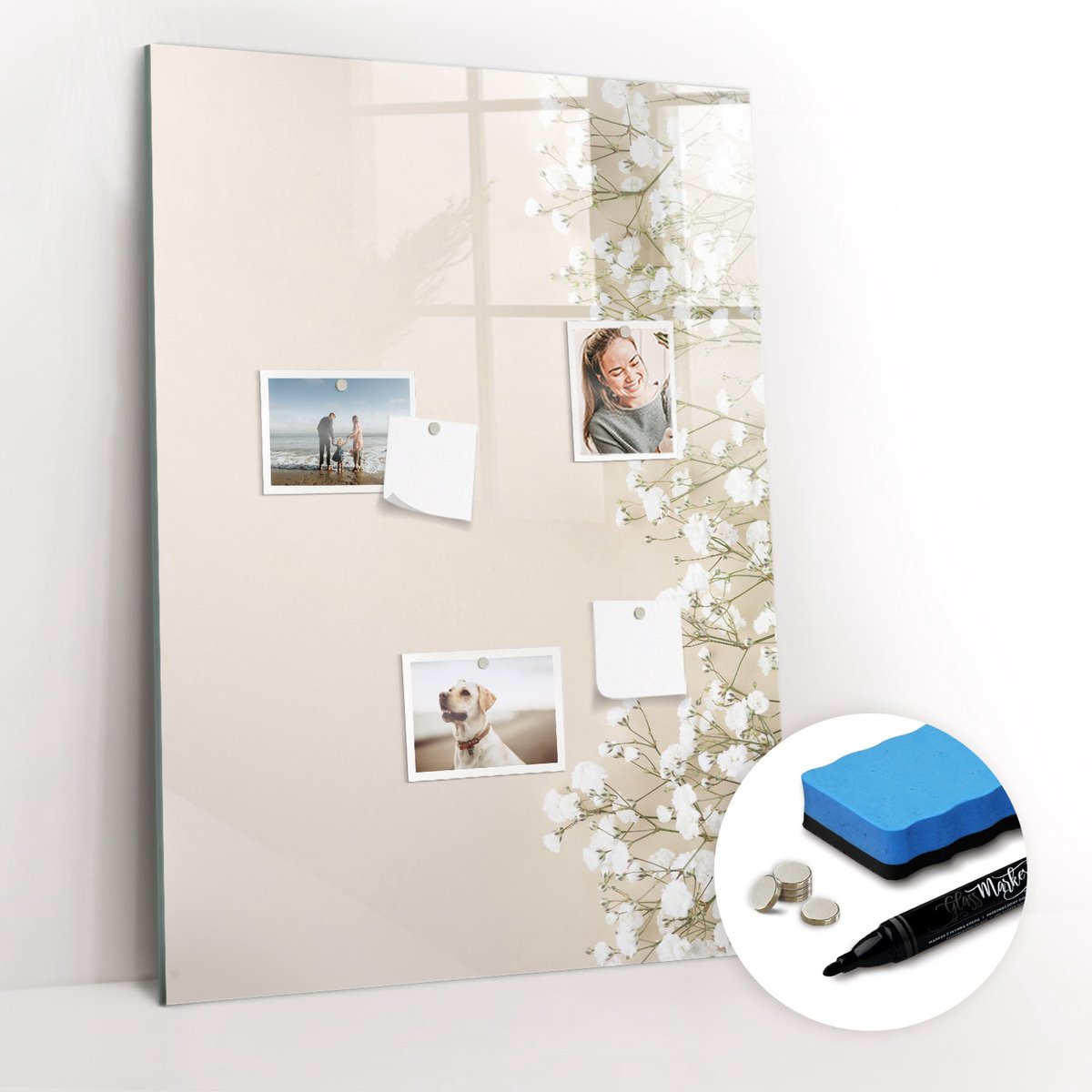 Tulup Whitebord - Tere bloemen - 70 x 100 cm - Beige Decoratieve magneetborden met print - Gratis 5 Sterke Magneten + Whiteboard Marker & Wisser - Stylish Memo Board - Magneetbord Rechthoekig - Planning Muur