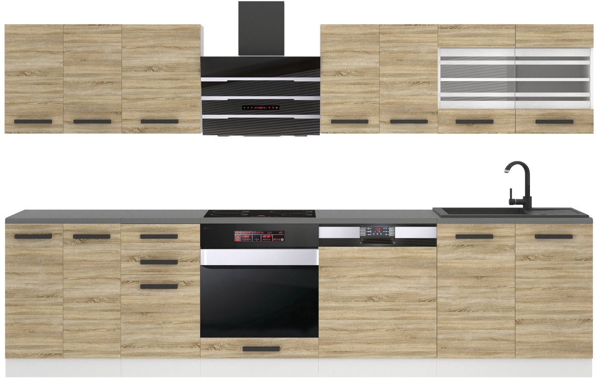 BELINI Keukenblok LUCY - Keukenmeubel Set 300 cm Sonoma Eiken met Werkbladen - Boven- en Onderkasten