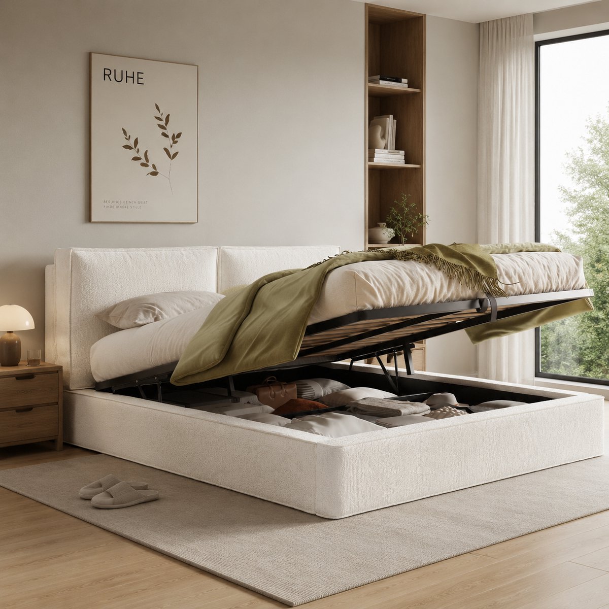 Gestoffeerd Bed 180x200 Cm - Hydraulisch Opbergbed Met Hoofdbord Beige Ribstof