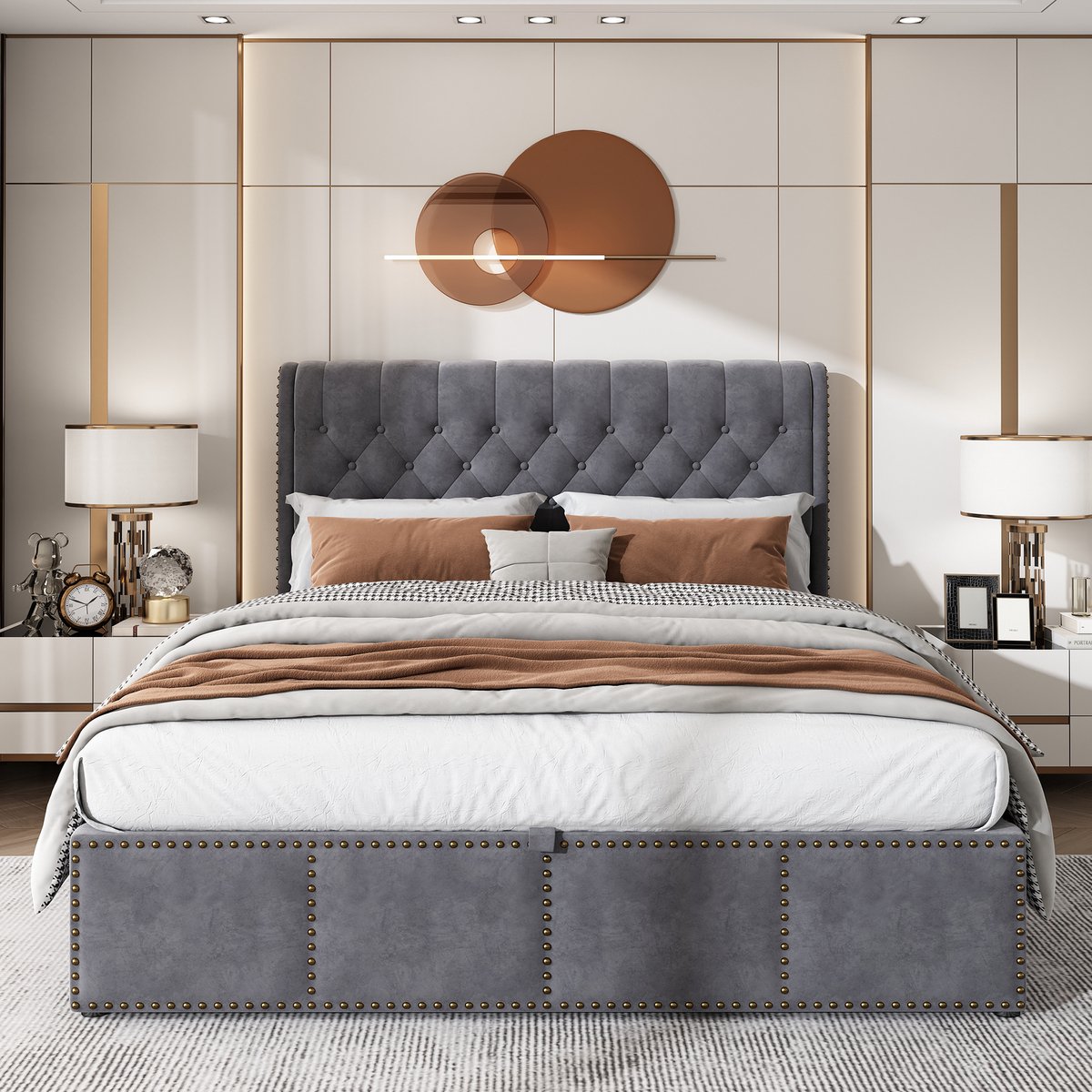 Opbergbed 180x200 cm - Velvet Gestoffeerd Bed Met Hydraulische Bedbodem, Lattenbodem, Hoog Hoofdbord En Siernagels, Comfortabel Luxe Bed Voor Volwassenen Grijs