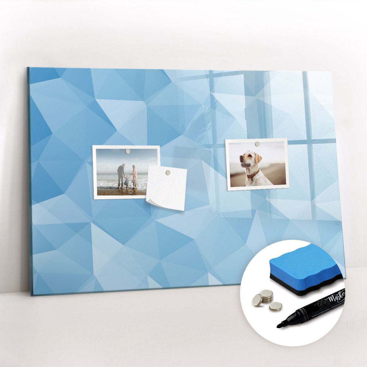 Tulup Whitebord - Abstracte donkere driehoeken - 60 x 40 cm - Blauw Magneetbord Keuken - Gratis 5 Sterke Magneten + Whiteboard Marker & Wisser - Moderne Wanddecoratie - Memobord Glas - Organiseer Je Bureau