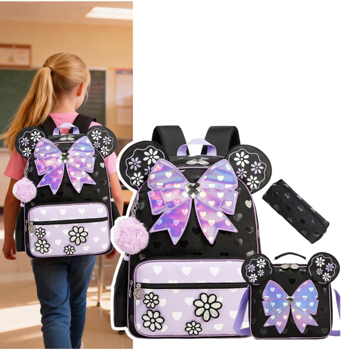Zavio® Boekentas Meisjes Lagere School - Schooltas Eersteleerjaar Groot - Zwart