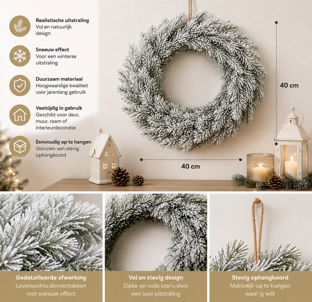 Witte Kerstkrans met Sneeuw Ø 40 cm – Winterse Deurkrans met Dennenappels – Ronde Kerstdecoratie voor Binnen en Buiten – Houten Kerstkrans – Wit – foto 6