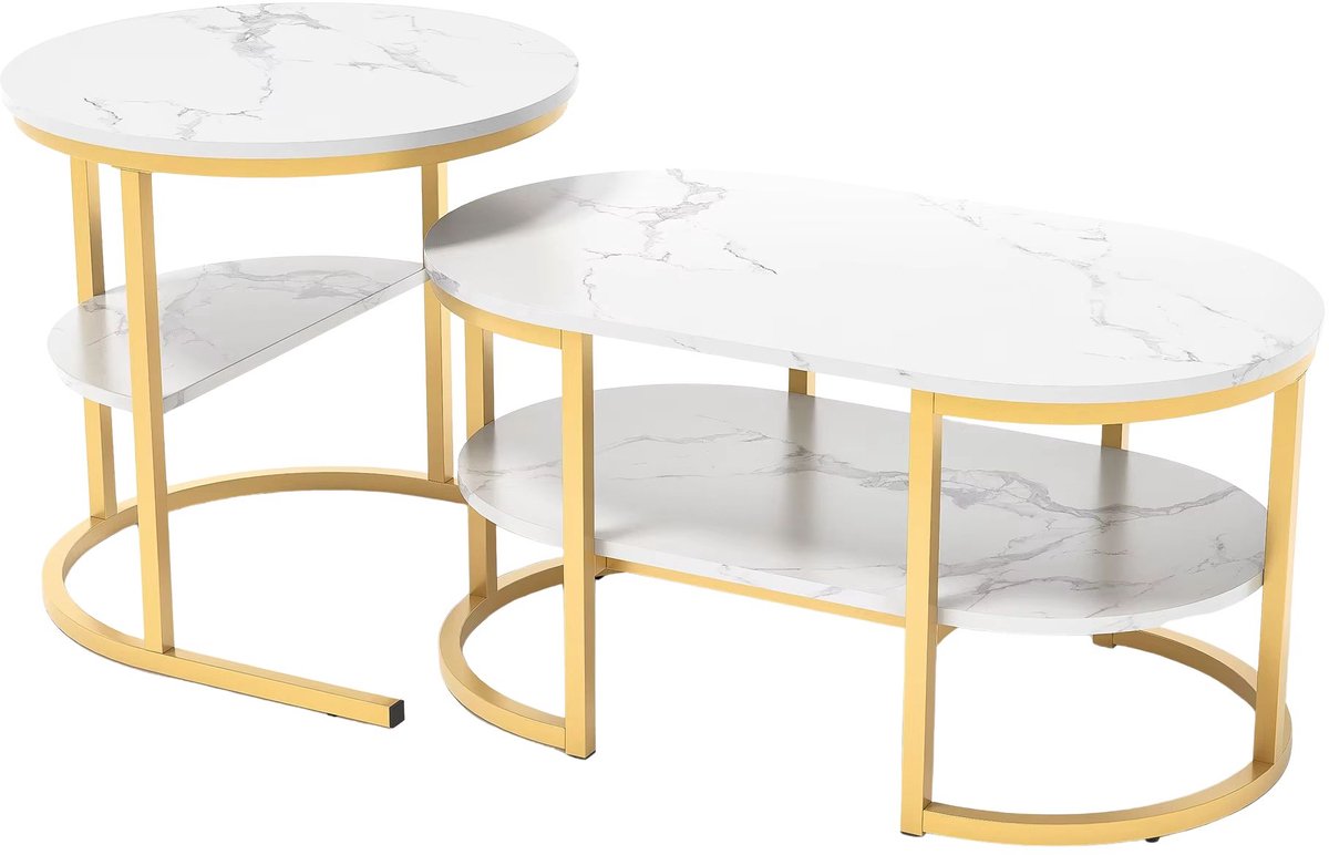 Happiq Salontafel Set 2 - Delig, Ronde Ovale Bijzettafels - Modern, Nestbaar Design met Opbergruimte Gold