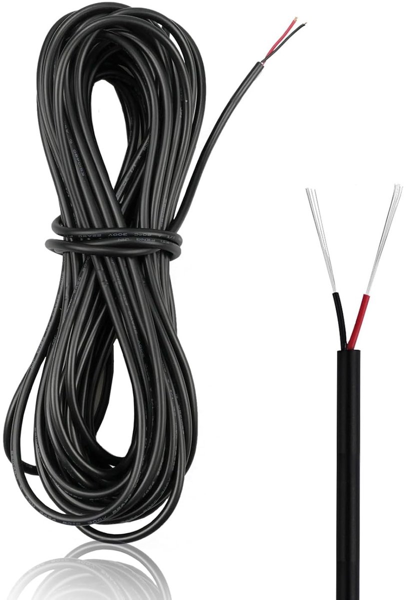 Flexibele elektrische kabel van 10 meter - 2 aders, 22 AWG, zwart, voor laagvermogen huishoudelijke apparaten, PVC, 3.5mm diameter