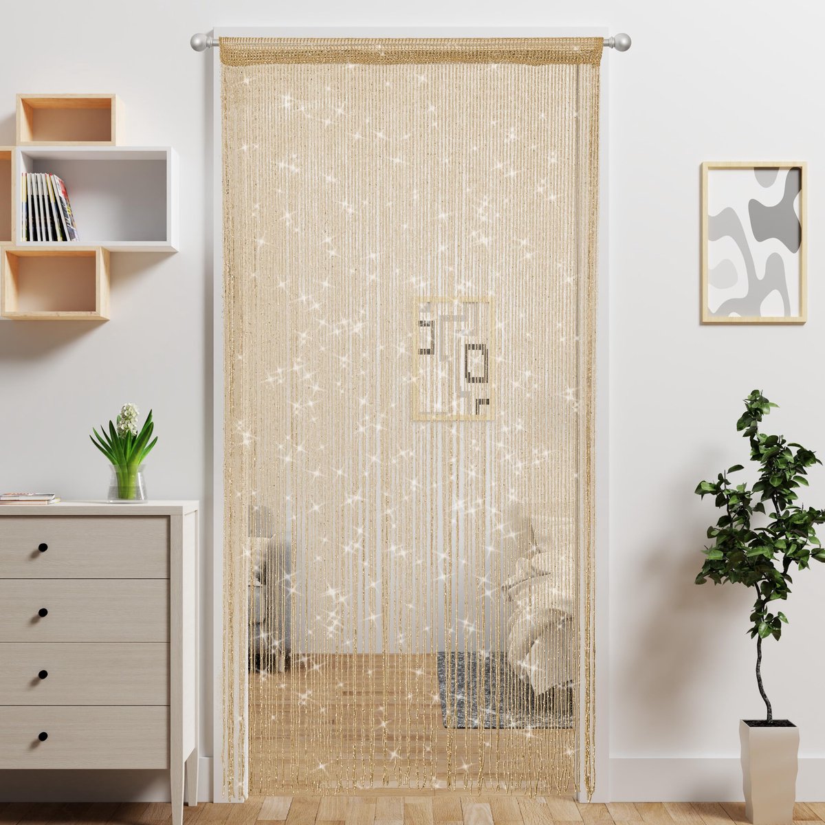 SnelShoppen - Deurkoordgordijn Kralengordijnen Hangende Kamerverdeler Boho Decor Transparant Pailletten Glitter Franje Paneel 90x200cm voor Deuren Raa