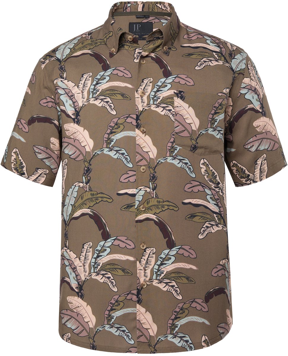 JP 1880 - Heren - Overhemd korte mouw viscose all-over print knopenkraag tot 8XL - Donkerolijf - Maat 8XL
