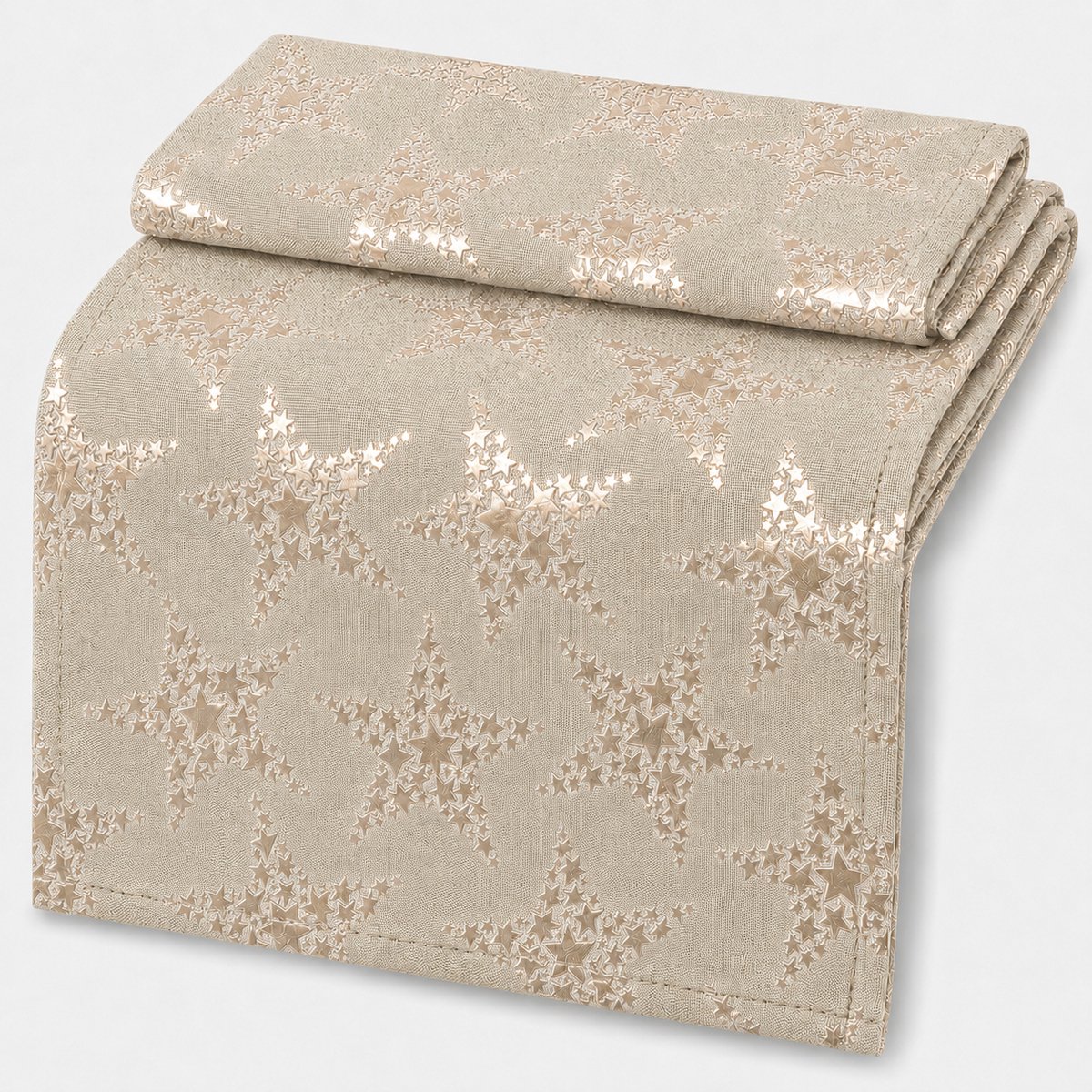 Kerst Tafelloper Stars – 42 x 150 cm – Naturel - Champagnekleurige – Geweven Tafelloper met Metallic Sterrenprint – Kerstdecoratie voor Eettafel