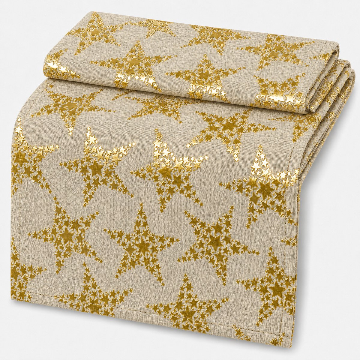 Kerst Tafelloper Stars – 42 x 150 cm – Naturel - Gold – Geweven Tafelloper met Metallic Sterrenprint – Kerstdecoratie voor Eettafel
