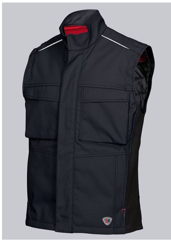 Donkerblauwe bodywarmer met vier zakken op de voorkant en een rode voering.