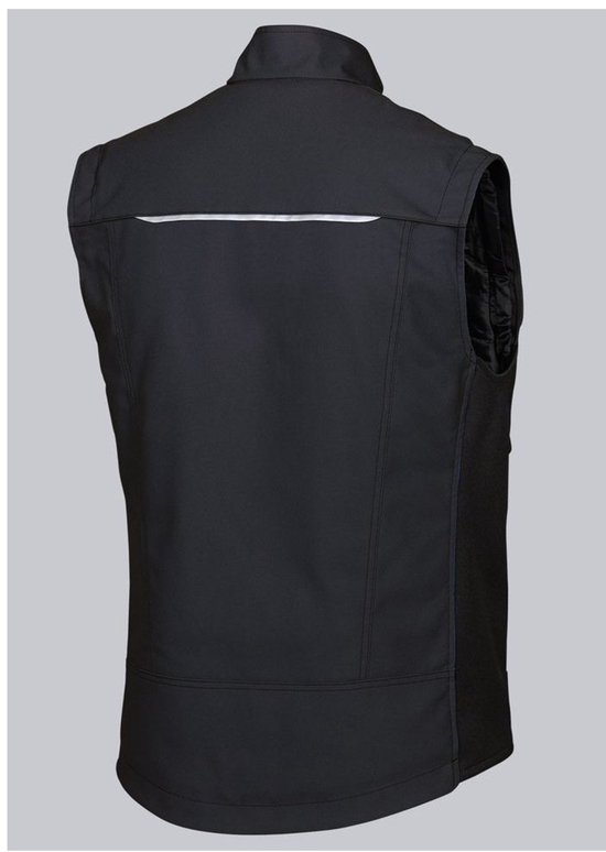 Zwarte bodywarmer met reflecterende streep op de rug.