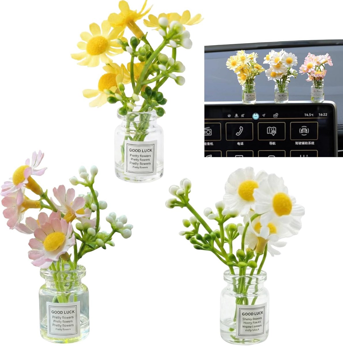 SnelShoppen - 3-delige Madeliefje Auto Decoratie Interieur, Schattige Mini Kunstbloemen voor Auto-accessoires, Gesimuleerde Potplanten voor Dashboard,