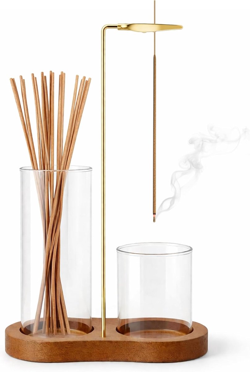 Wierookstokjeshouder omgedraaid - houten pot met glazen schaal - asvrij design - ideaal voor meditatie - ShopVlot