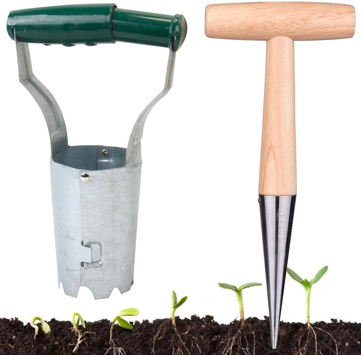 SnelShoppen - Set van 2 Bloembollen Plantgids Lichtgewicht RVS Uienplanten met Houten Handvat, Tuinaccessoires voor Bloembollen, Zaaien en Planten