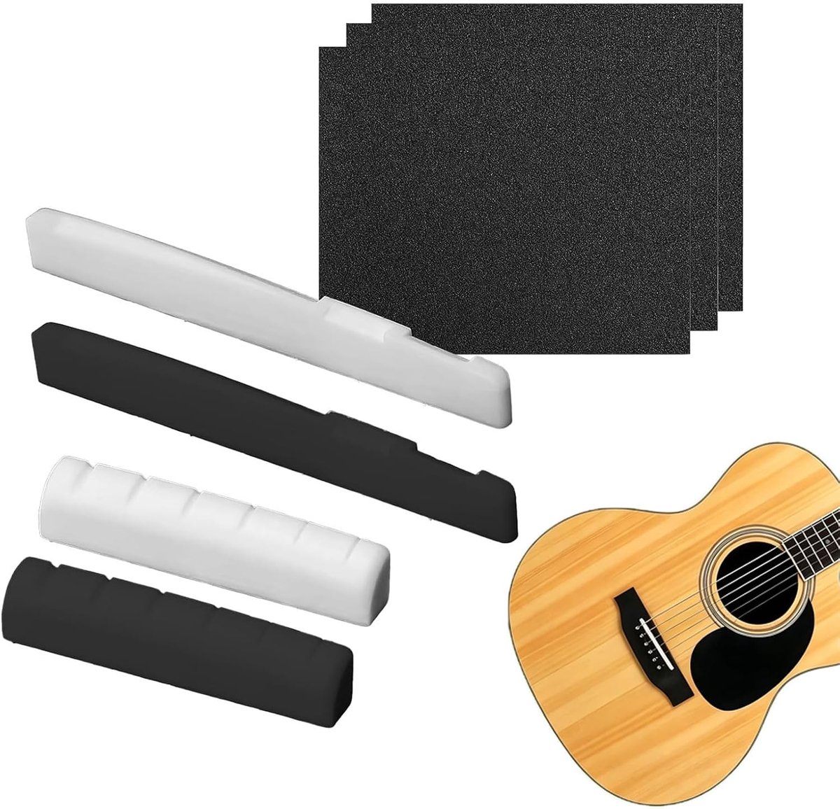 accessoireset folk-gitaar - zwart en wit - complete reserveonderdelen - creëer je ideale zadelmaat - ShopVlot