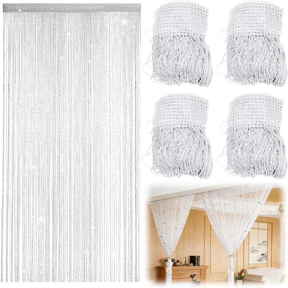 SnelShoppen - Set van 4 Draadgordijnen 100 x 200 cm - Wit - Decoratieve Deurgordijnen voor Raam, Kamers, Feest en Huwelijk - Verkortbaar en Veelzijdig