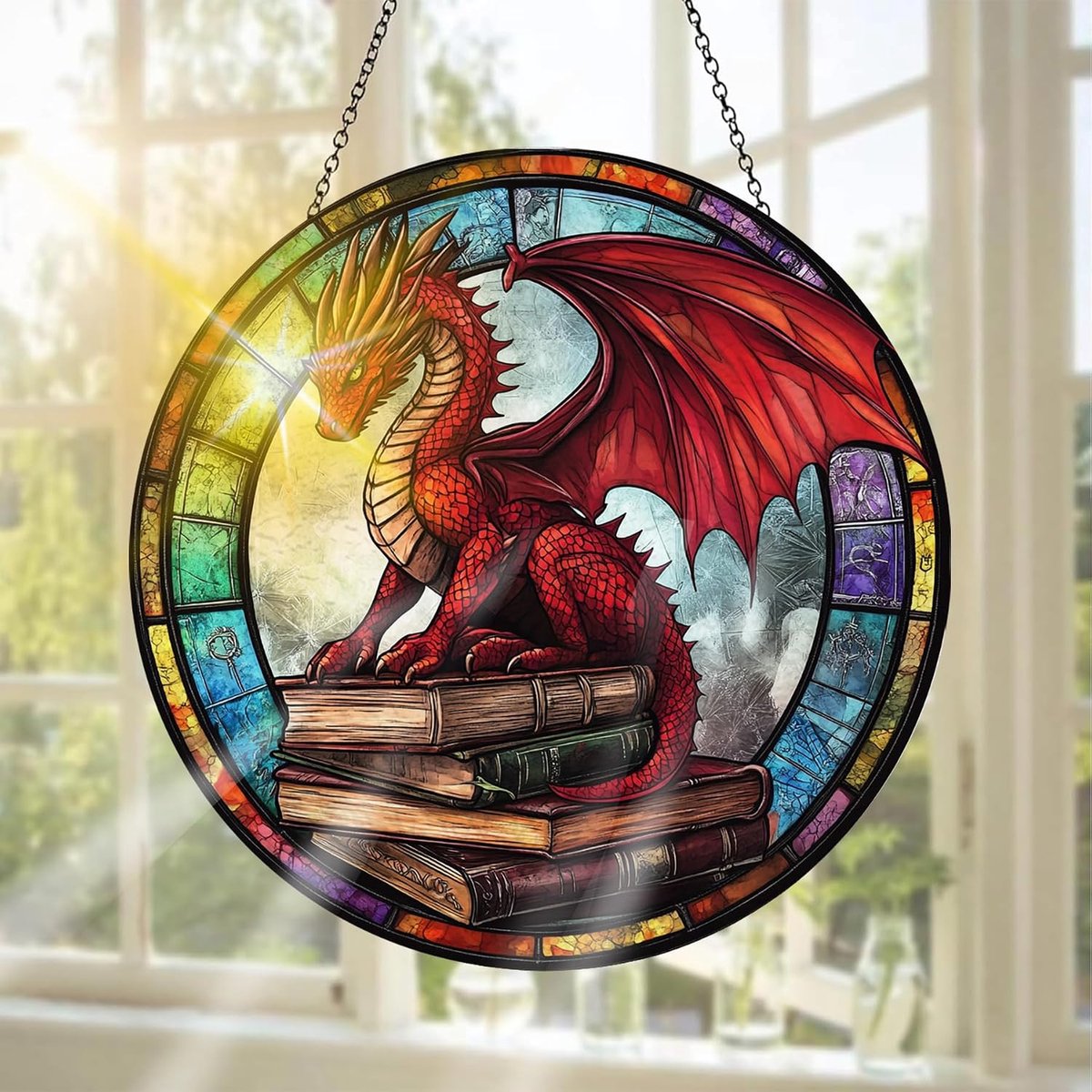 SnelShoppen - Handgemaakte Draak Stained Glass Raamdecoratie 20x20 cm - Kleurrijke Vensterdecoratie Voor Binnen, Buiten, Tuin en Feestdagen