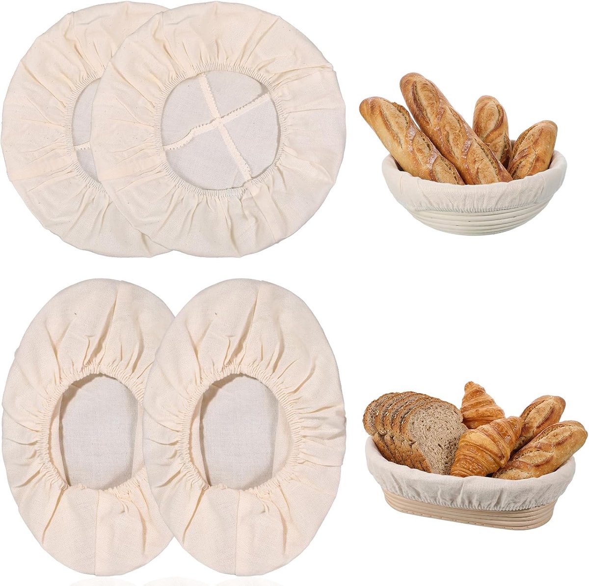 SnelShoppen - 4-delige broodmand met stofvoering, ronde banneton mand, natuurlijk riet, wasbare deegmand voor zuurdesem en rijzen, ideaal voor bakken