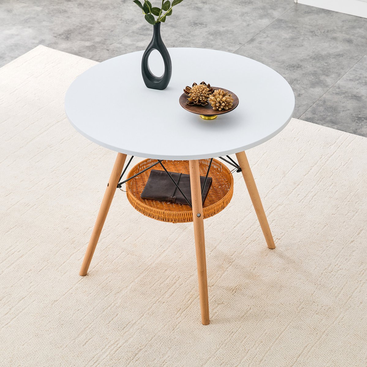 DESMIU Eettafel - Ronde Tafel Met Opbergmand - Voor 2 Tot 4 Personen In Woonkamer Of Balkon - MDF En Massief Hout - 80x80x71,5 Cm - Wit Hout