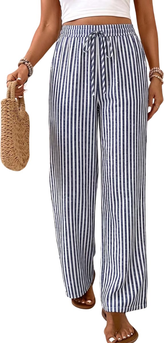 Currero Gestreepte Broek Dames and Striped Pants Yacht Club Linnen Broek Zomerbroek Volwassenen Lange Broek Strandbroek Zee Blauw