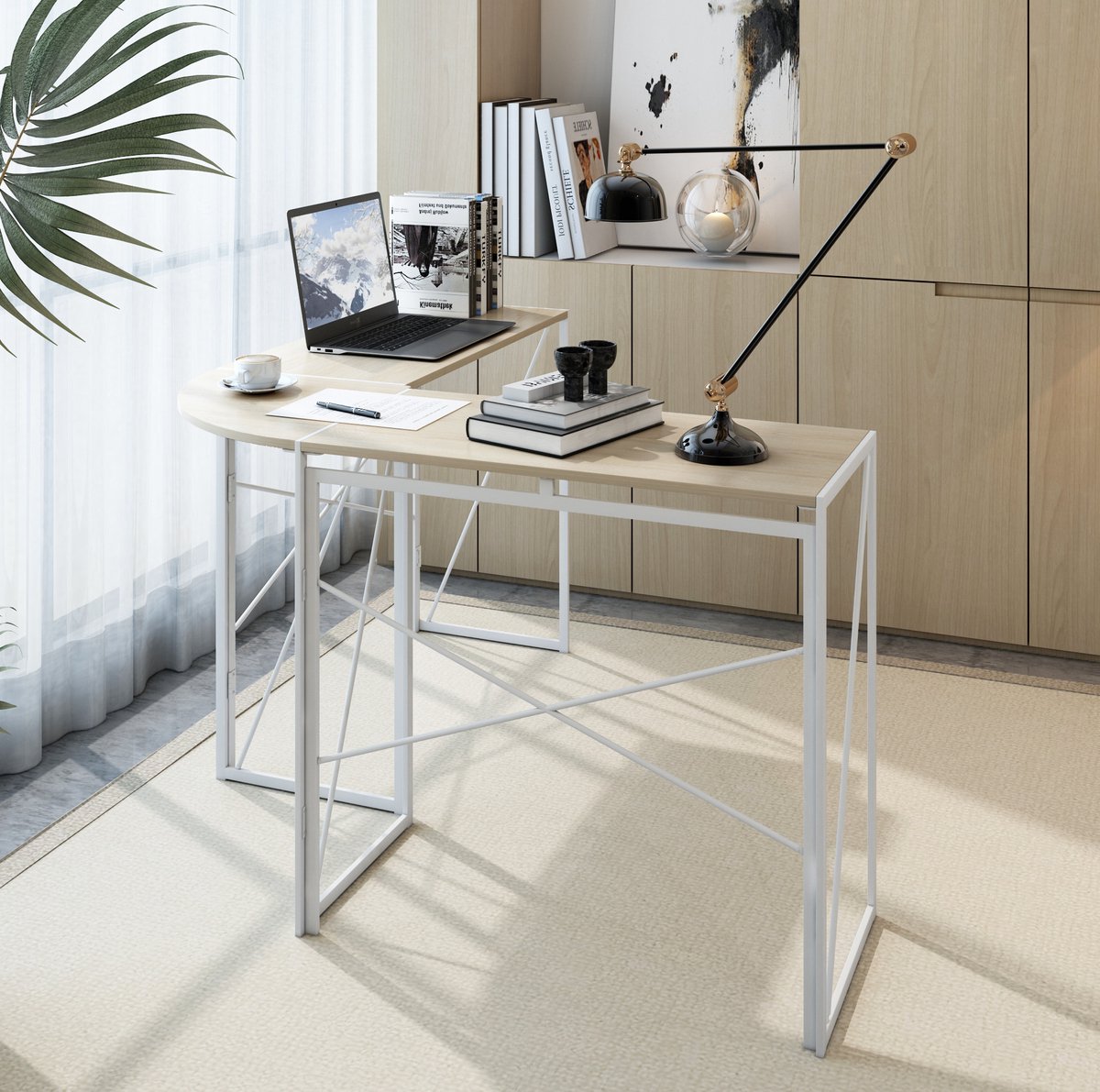 REDOM - Bureau - L-vormig hoekontwerp - Ruim werkblad - Waterafstotend en krasbestendig - Moderne stijl - Home office - MDF en metaal - Wit eiken - 119,5 x 80 x 75 cm