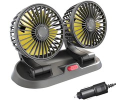 GELLDG Dubbele USB-Ventilator - 2-Stands Autolüfter - 360° Draaibaar met Stille Brushless Motor - Geschikt voor Auto, SUV & Camper - ABS Materiaal - 12V/24V via Sigarettenaansteker - 130cm Kabel - 22x11x16cm