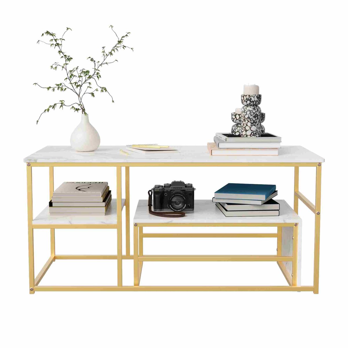 Happiq Salontafel 105 X 52 X 48 Cm Wit - met 2-delige, Metalen Frame Wit en goud
