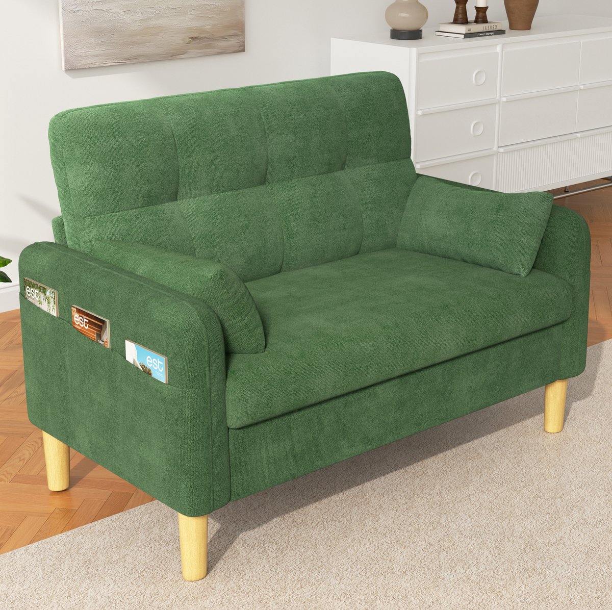 OKWISH 2-Zits Bank - Zitbank met Hoge Rugleuning, 2 Kussens en Zijdelingse Opbergtas - Voor Woonkamer, Slaapkamer en Appartement - Chenille - Groen