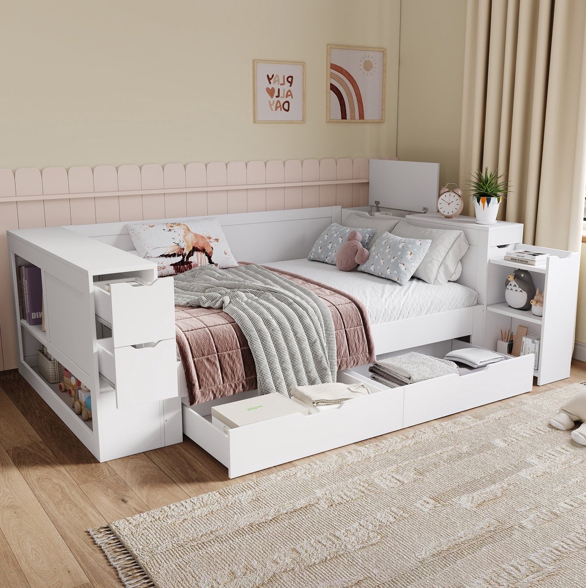 COVREO Kinderbed 90x190 cm wit, MDF met lades en opbergruimte