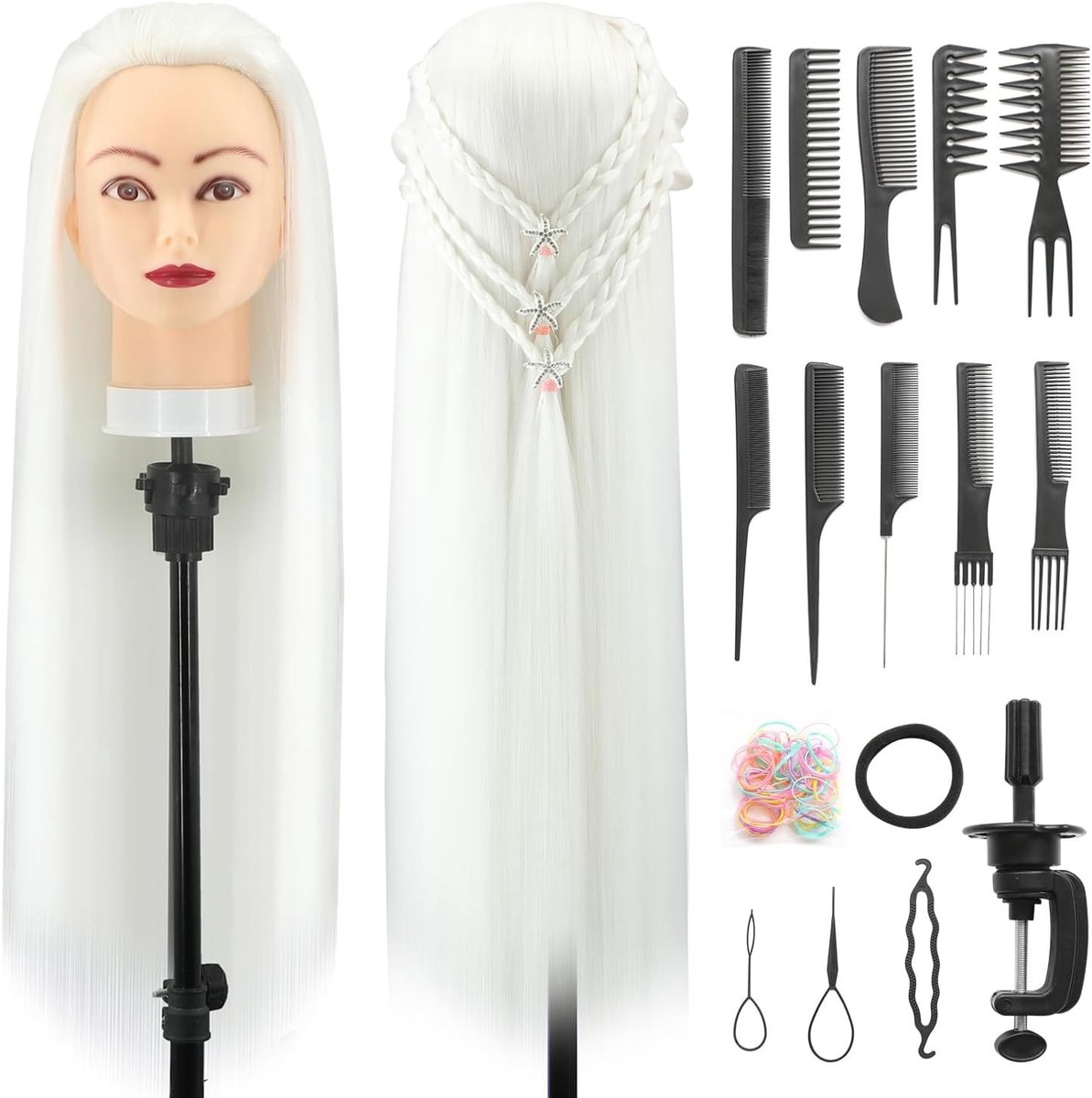 Oefenhoofd voor Kappers, 28 inch Haar Trainingshoofd van 100% Synthetisch Vezel met Gratis Klem en DIY Vlechtset voor Hairstyling en Kappersopleiding