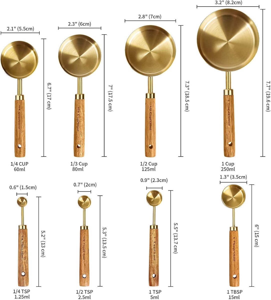 SnelShoppen - Meetbekers en Maatlepels Set van 8 Stuks, Houten Handvat, Premium RVS, Gouden Afwerking, Voor Koken en Bakken, Droge en Vloeibare Ingred