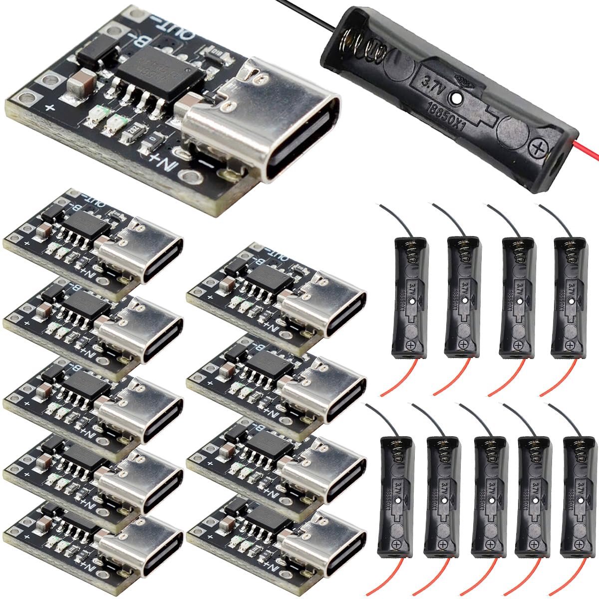 SnelShoppen - 10 Stuks Type-C USB Oplaadmodule Lithium Accu Oplader Ultra Sterk 3.7V 4.2V 1A Automatische Oplaadfunctie met Accuhouder 18650