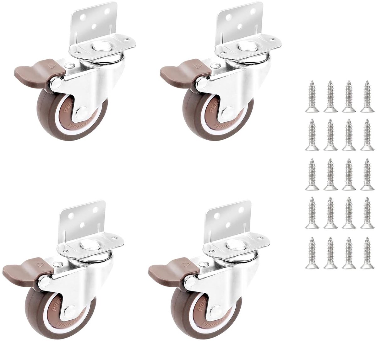 SnelShoppen - 4x Meubelwielen met Rem 25mm Rubber Wielen voor Meubels - Vloerbescherming - Soft Rubber - Met Schroeven - Ideaal voor Stoelen, Tafels e