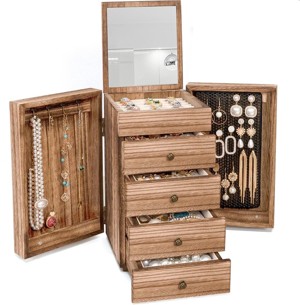 Omgoods - Houten Sieradenbox met 5 Lagen en Spiegel