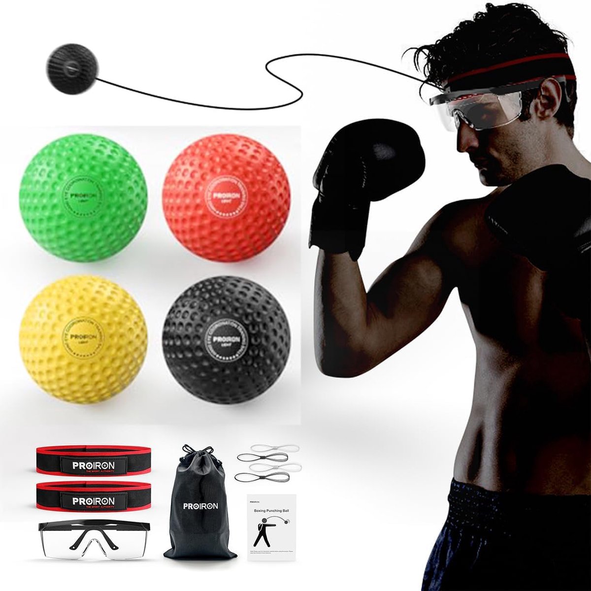 Omgoods- Reflexbal Set voor Coördinatietraining - Boksen - Coördinatie - Veiligheidsbril - Hand-oog coördinatie - Geschikt voor alle leeftijden - Boksen Bal