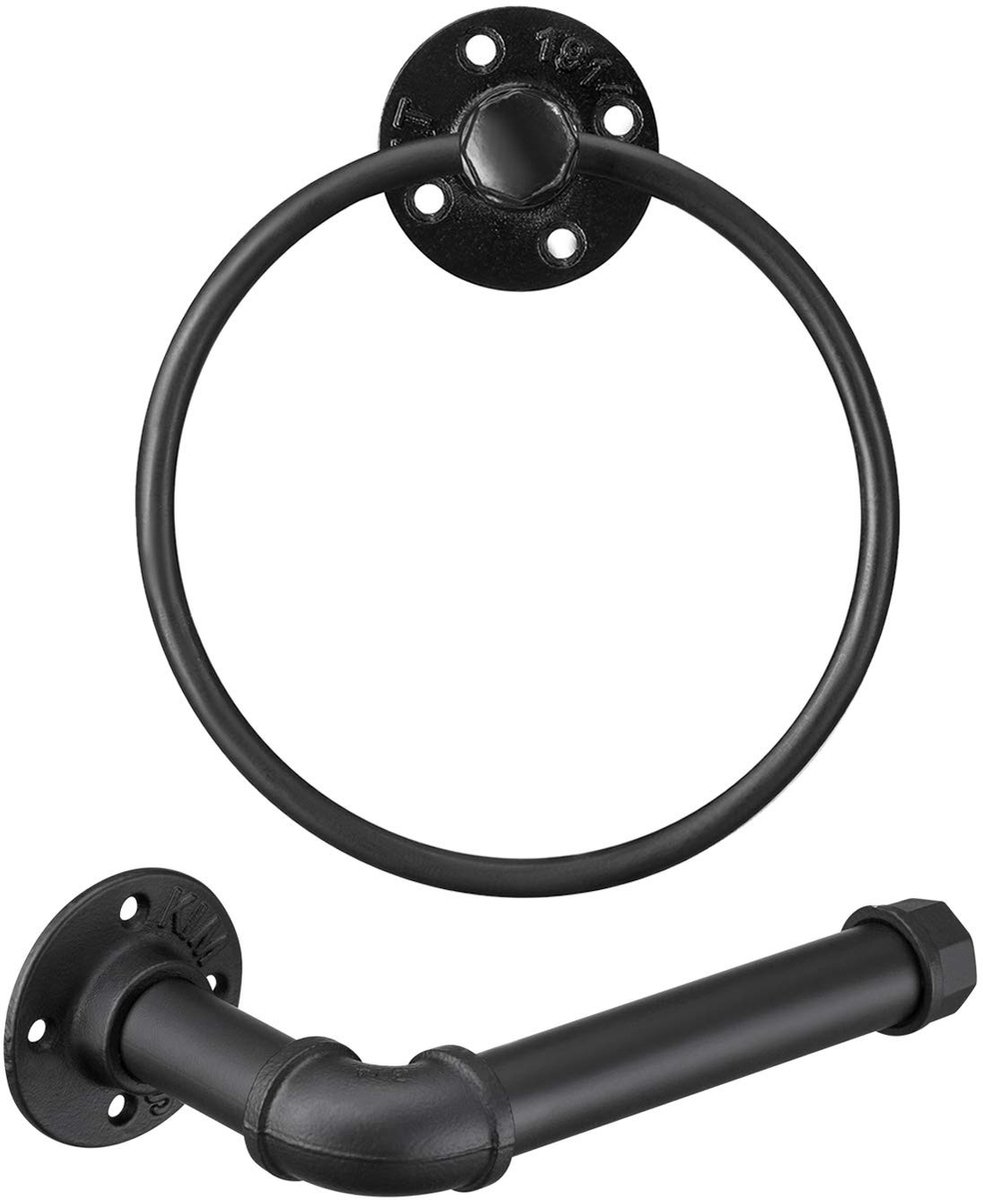 Omgoods - Matte Zwarte Toiletrolhouder en Handdoekring Set voor Badkamer