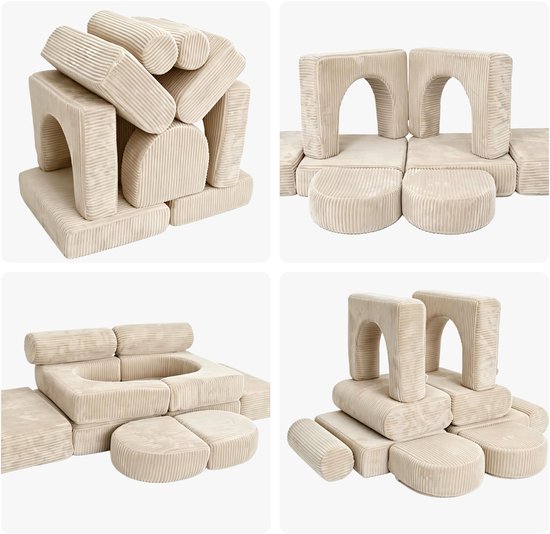 Vier afbeeldingen van beige corduroy speelblokken in verschillende configuraties.