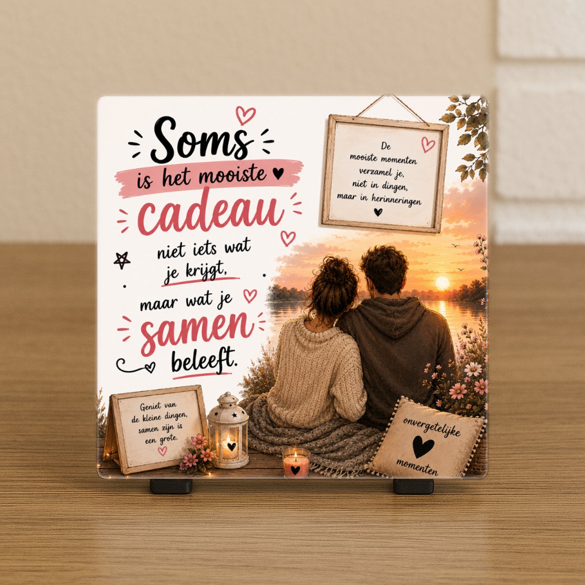 Wenstegeltje “Soms is het mooiste cadeau niet iets wat je krijgt, maar wat je samen beleeft.” – Cadeau tegeltje – Trendy nu – Vriend(in) – Collega – Vriendschap – Relatie - Valentijn - Zomaar – Cadeau – Incl standaard