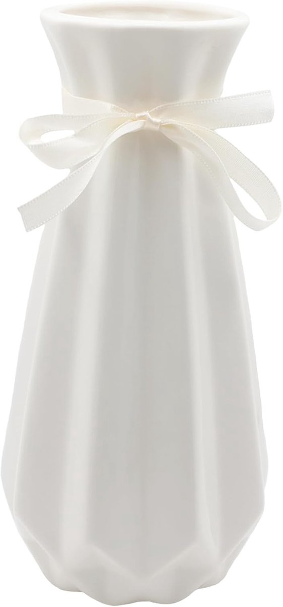 SnelShoppen - Decoratieve Vaas Wit 20 cm Hoog Glazuur Keramiek met Kleur Ribbon Moderne Geometrische Vaas voor Pampasgras Woonkamer Eetkamertafel Kant