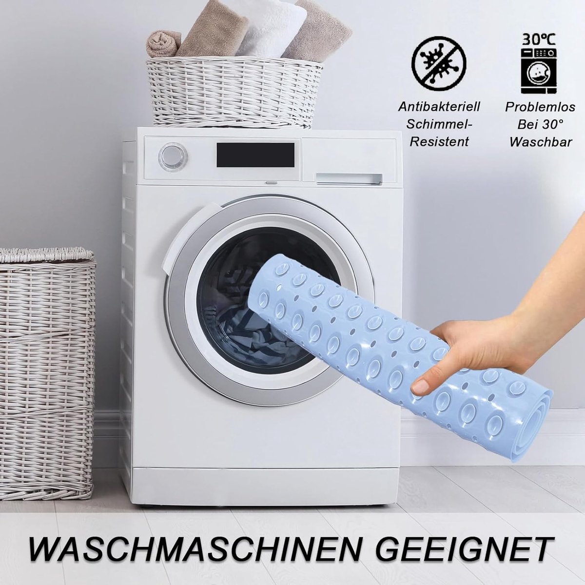 SnelShoppen - Douchemata, 48 x 48 cm, Vierkant, Machinewasbaar, Antislip Badmat met Zuignappen voor Sauna's en Doucheruimtes, Inclusief 2 Haakjes, Lic