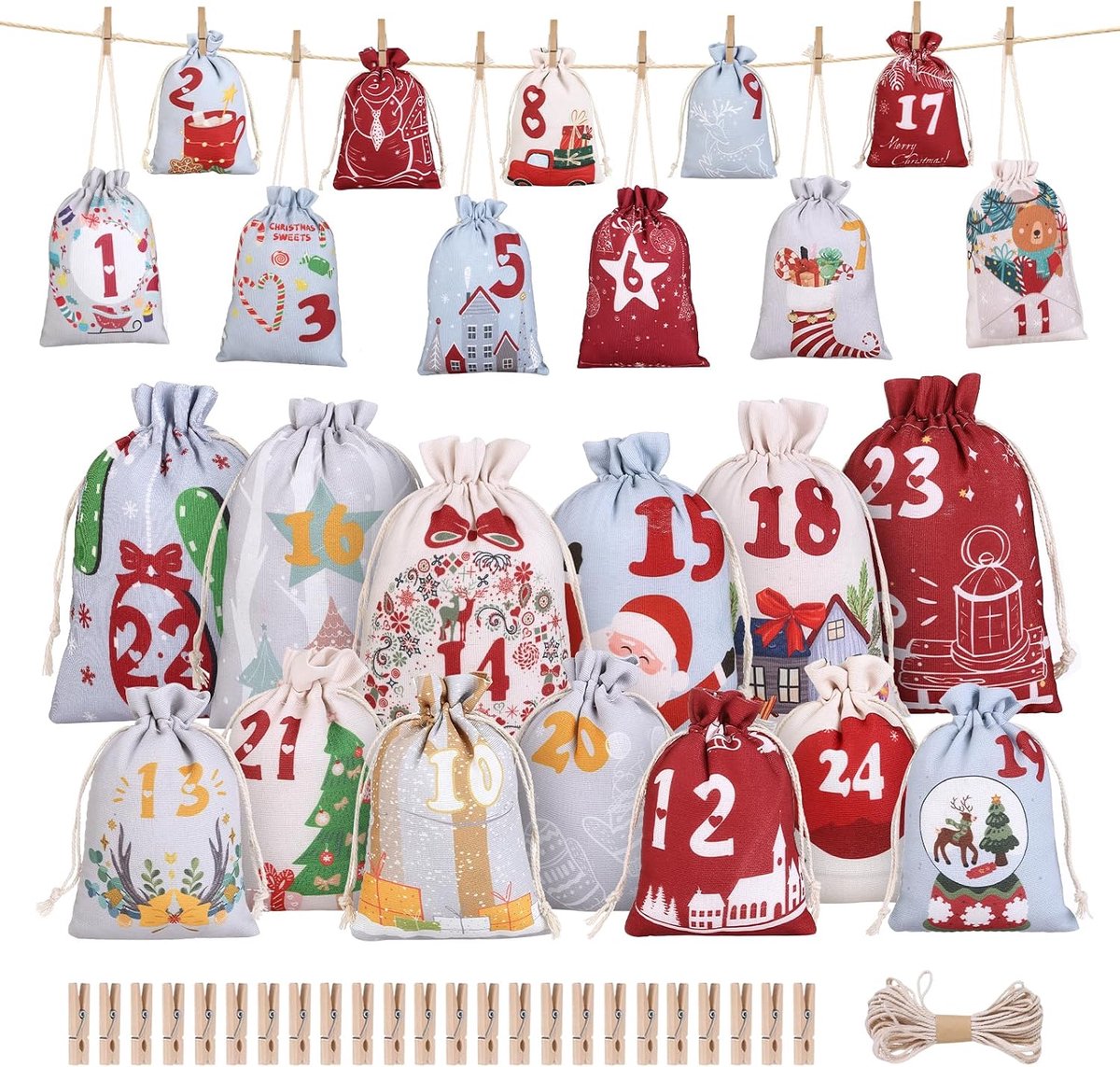 Naler Advent calendar for filling yourself, 24 pieces, fabric, 2 sizes, advent calendar bags, Christmas calendar for - ShopVlot
