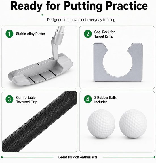 Putter Set voor Indoor Golf Oefening - Training Club met Ballen en Doelrek - Draagtas Inbegrepen, Leuke Spellen voor Volwassenen en Kinderen - Verbeter Je Puttvaardigheid! — afbeelding 3